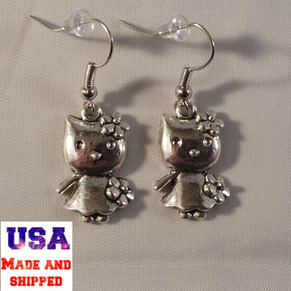 Silver Hello Kitty Earrings Hypoallergenic Hooks! - Picture 2 of 2